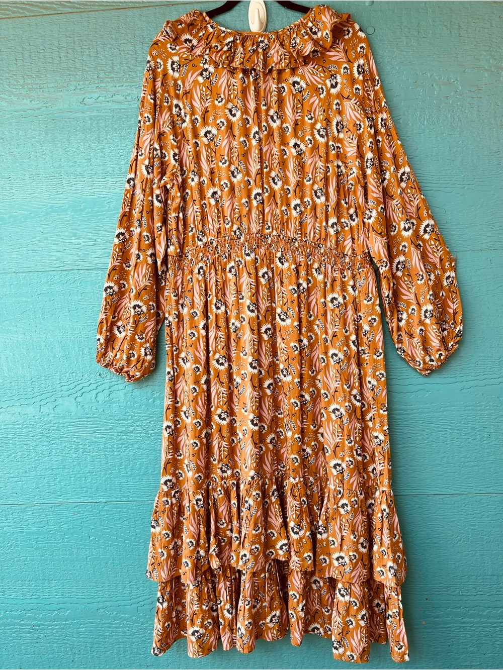 Universal Thread Floral Maxi Dress XL Mustard Yellow Ruffle Balloon Sleeve NWT - Picture 3 of 7